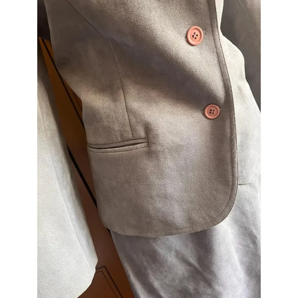 Vintage skirt suit in dove grey Ultrasuede, size 14